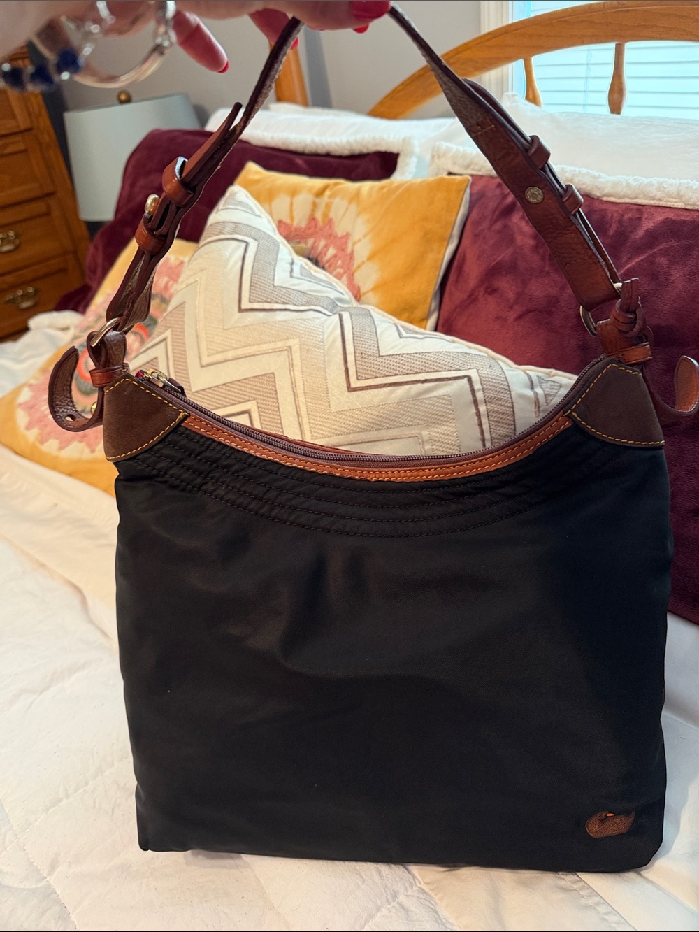 Dooney & Bourke large Erika black nylon quilted shoulder bag with tan leather